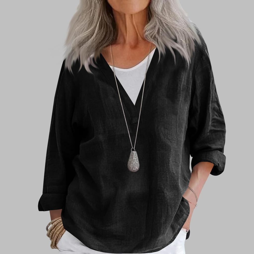 Mote Dame Casual Bomull Lin V-hals Langermet Genser Topp