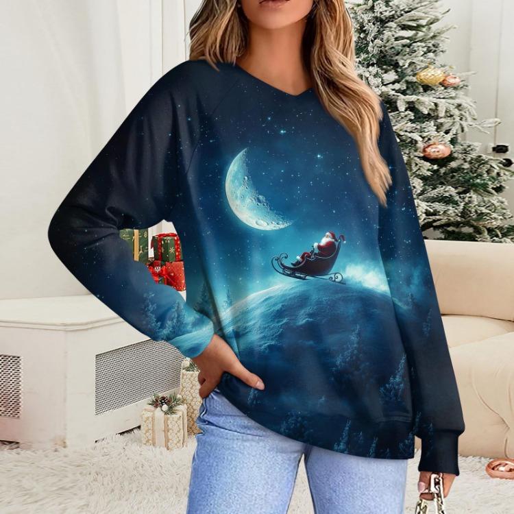 

Christmas Fashion Women Casual Comfortable V Neck Raglan Sleeve Pullover Sweatshirt Print Top S синий