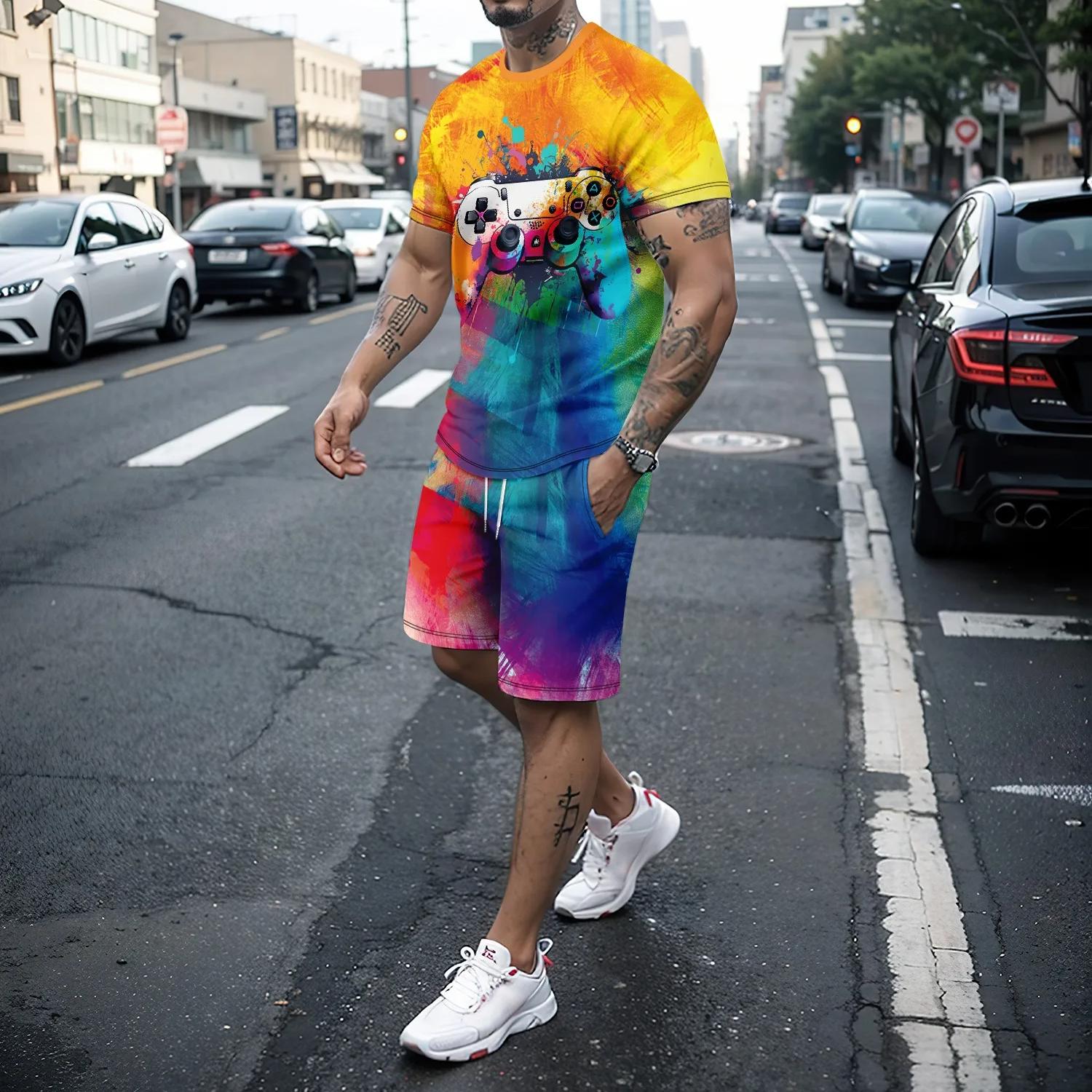 

Летний мужской комплект из двух предметов с 3D игровым контроллером, шорты с короткими рукавами, мужской комплект для бега, отдыха, вечеринок, уличных танцев, мужская одежда 6XL