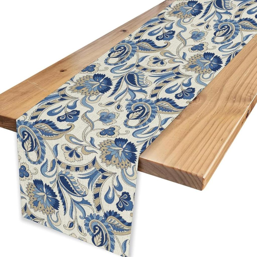 Summer Blue Floral Swirled Pattern Linen Table Runner Dresser Scarf Table Decor Vintage Farmhouse Table Runners Home Party Decor