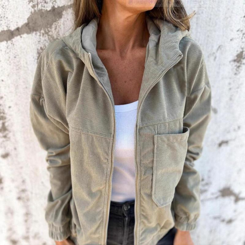 Autumn New Solid Color Simple Style Corduroy Hooded Jacket for Women