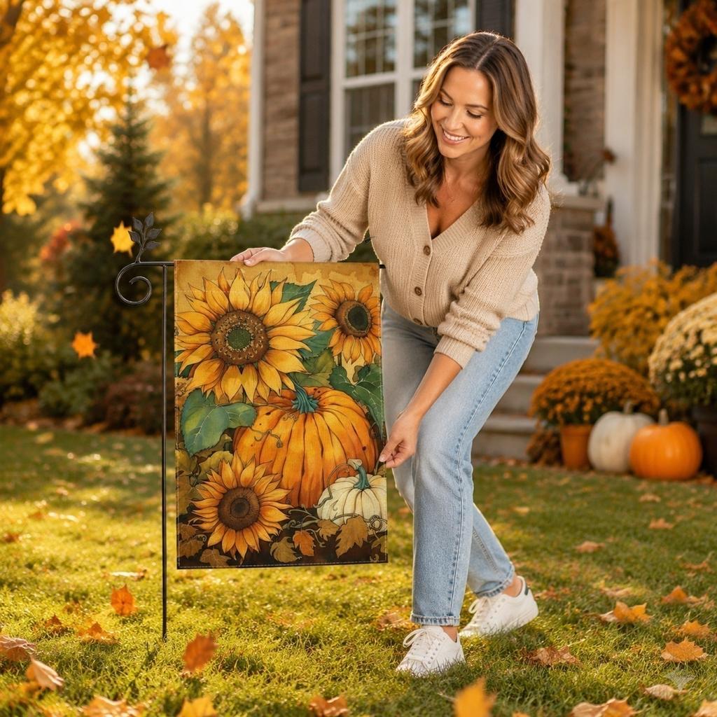 Zweiseitige Gartenflagge mit Sonnenblumen- und Kürbisdruck für saisonale Außendekoration 45 x 30 Zentimeter Geeignet für die Präsentation im Garten und auf der Terrasse