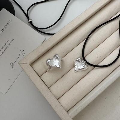 Women's Silver 925 Heart Black String Ring Necklace