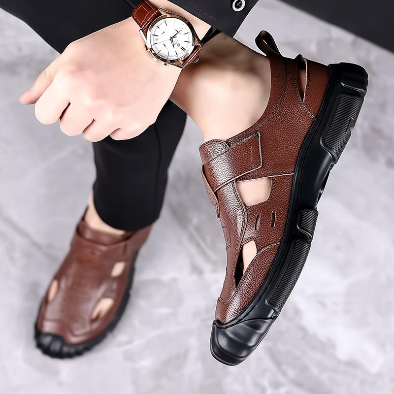Men's sandals 2025 summer breathable hole shoes men's leather non-slip casual dad shoes durable rubber sole