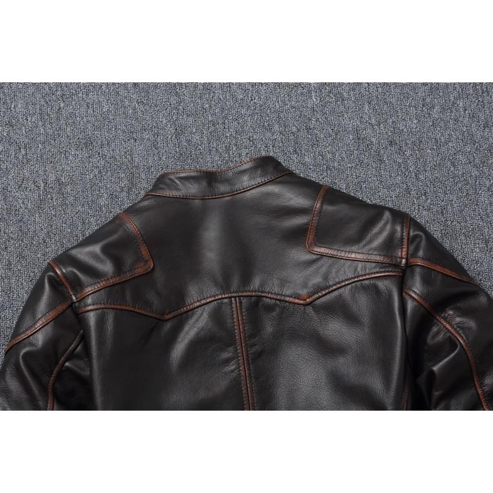 Style RL Top Layer Oil Waxed Cowhide Real Leather Jacket Men Stand Collar Brown Motorcycle Coat Men's Biker Jacket Spring Autumn