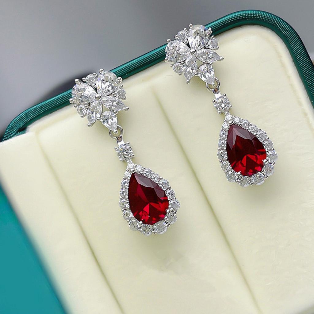 Red Teardrop Halo Drop Earrings for Women Elegant Style