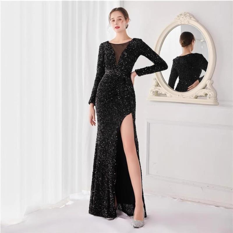 Sequined Split Evening Dress Women's New Celebrity Birthday Party Host Hip-wrapped Car Model Sexy Slim Dress