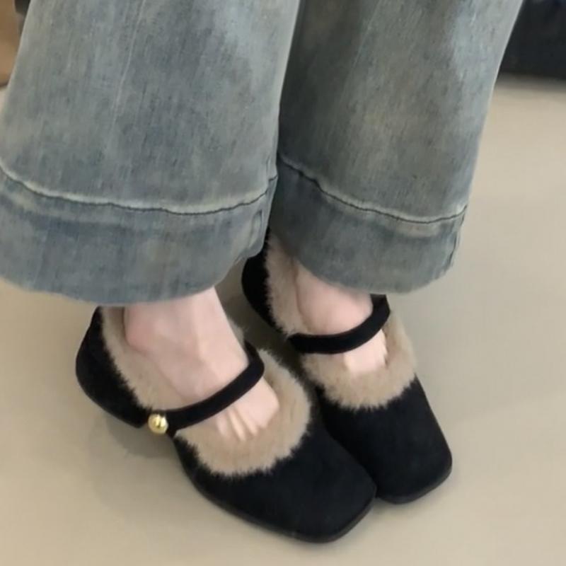 Vintage Platform Thick Sole Women Fur Lining Mary Jane Shoes Fashion Slip On Shoes Ladies Dress Thick Heel Warm Cotton Shoes