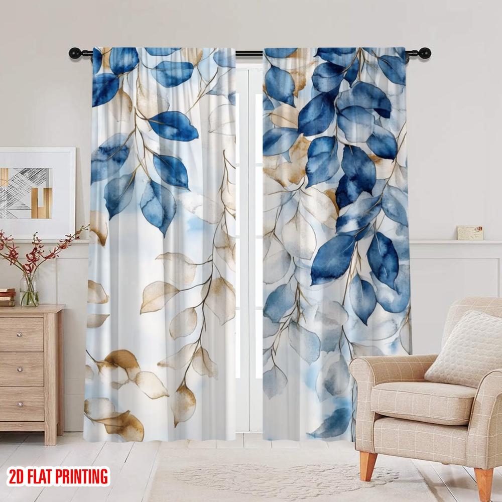 2pcs,2D Plane Printing Pattern Curtains Watercolor Leaves Polyester Woven (without Rod) Decorations Inside Ldeal for Home &