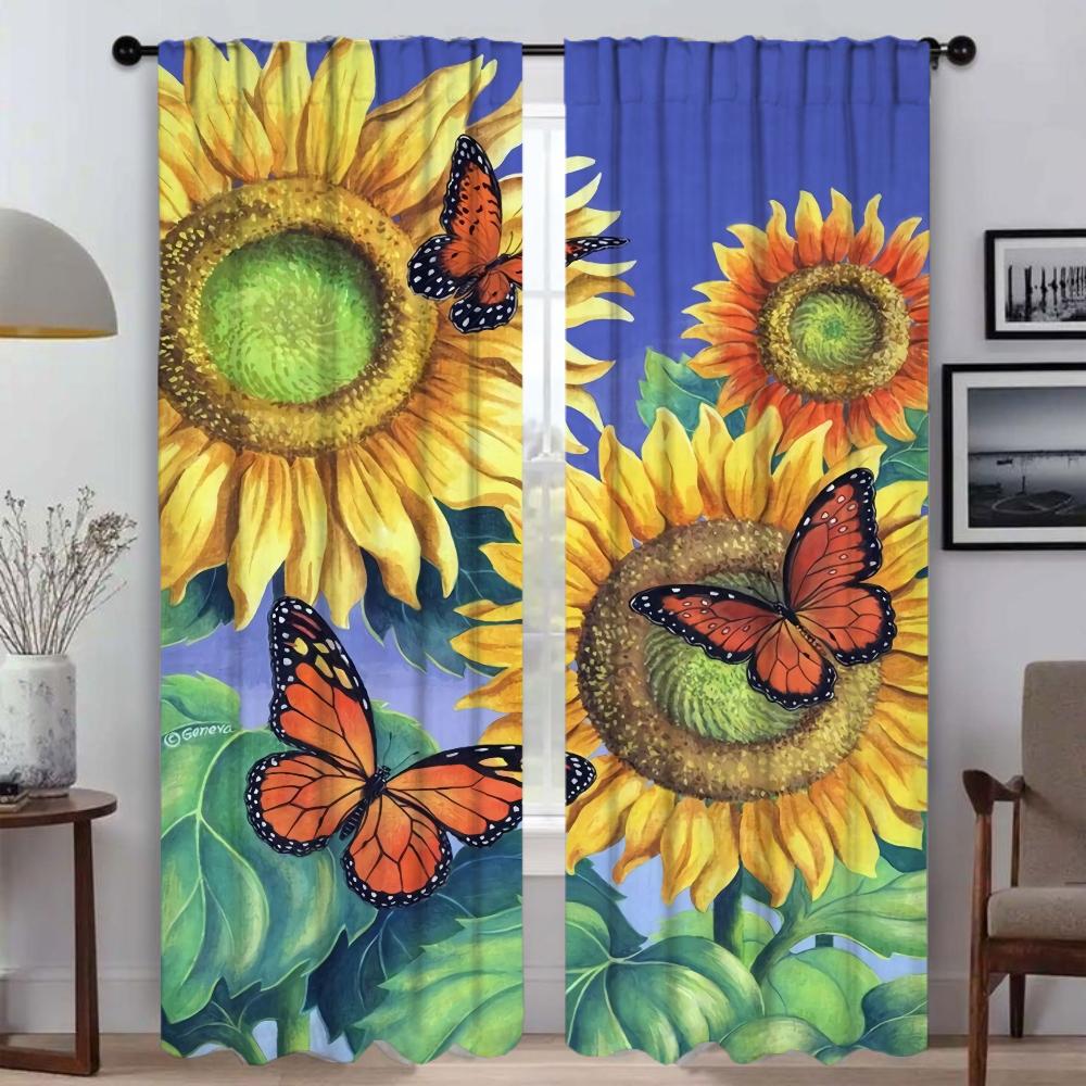 Light Blocking Anti Mosquito Curtains Pumpkin Sunflower Print Curtain Room Panel Tulle Bedroom Halloween Decoration Set Of 2 Made Polyester Washable