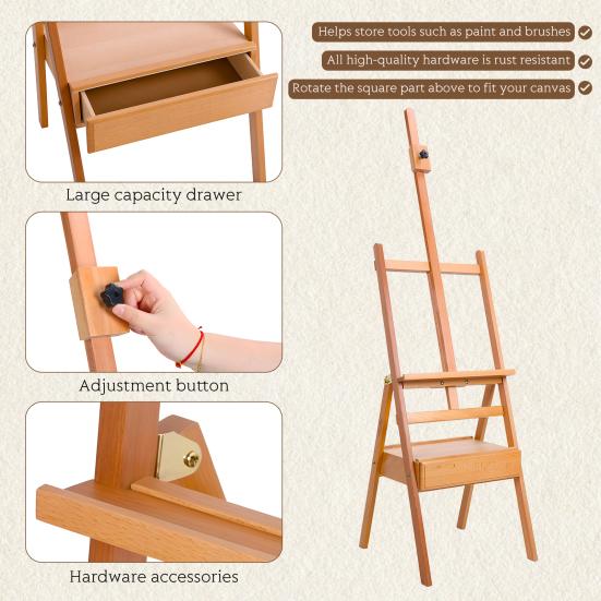 H Frame Easel, French Easel with Drawer, Solid Beech Wood Easel, Painting Canvas Holder Stand, Tilts Flat Artist Easel, Height Angle Adjustable