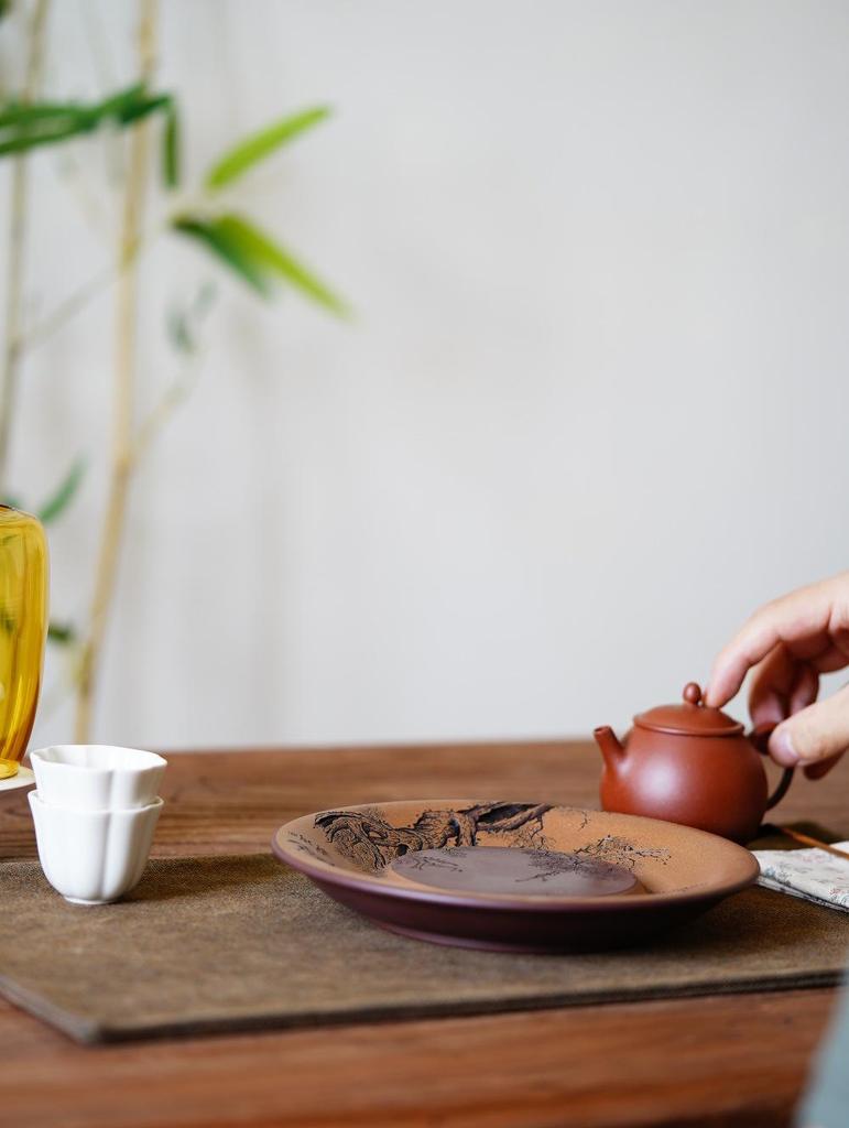 Yixing Zisha Pine Wave Purple Clay Hand-Carved Tea Tray