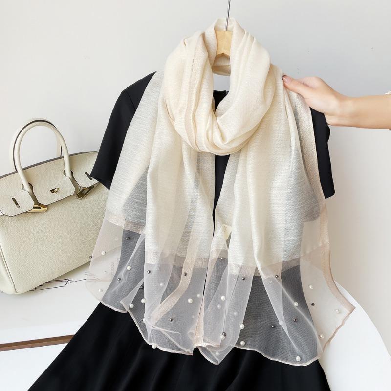 Spring new solid color pearl silk scarf women's imitation silk light large shawl long scarf scarf