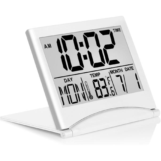 Betus Digital Travel Alarm Clock - Foldable Calendar Temperature Timer LCD Clock with Snooze Mode - Large Number Display, Battery Operated - Compact серебряный