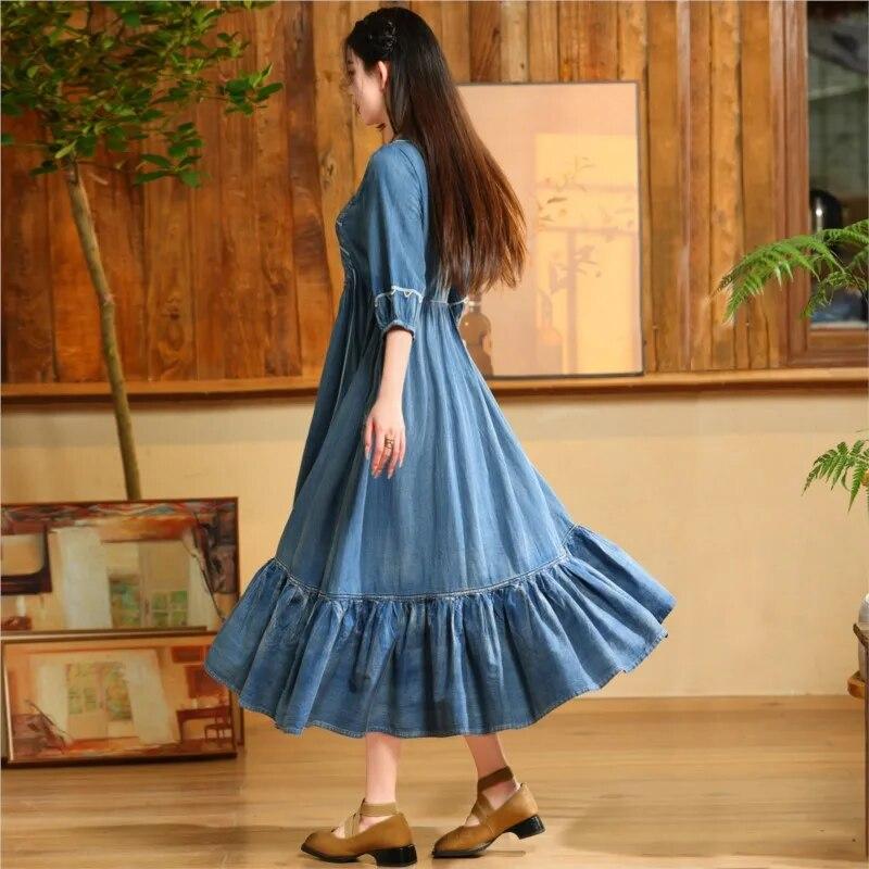 Johnature Woman Spring Cotton Vintage Lotus Leaf Pendulum Dress O-Neck Loose Half Sleeve Embroidery Niche Casual Dress