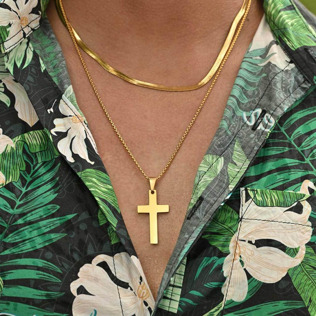 Vnox Men's Classic Cross Pendant Necklace, Stainless Steel Rope Cuban Blade Chain, Handsome Layered Neck Chains