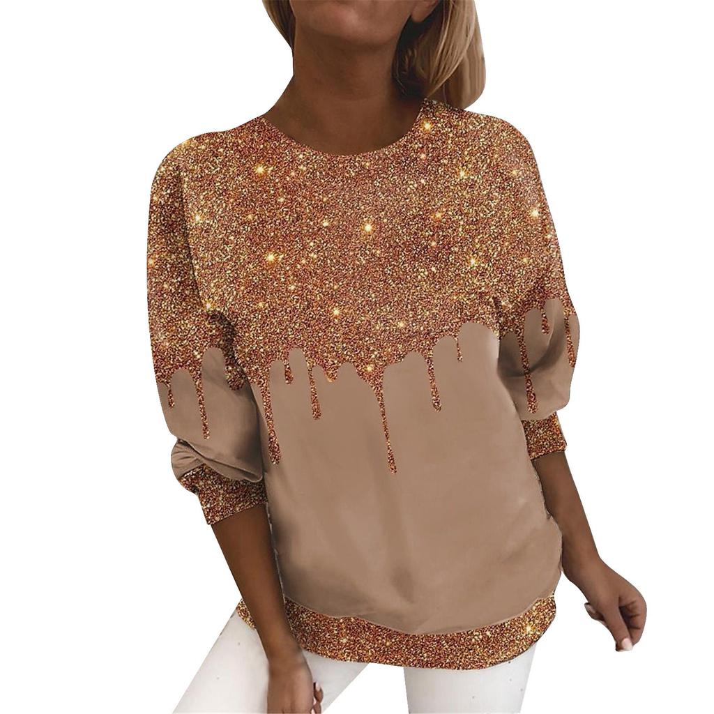 Modne Casualowe Damskie T-shirty z Okrągłym Dekoltem i Błyszczącym Nadrukiem 3D z Długim Rękawem
