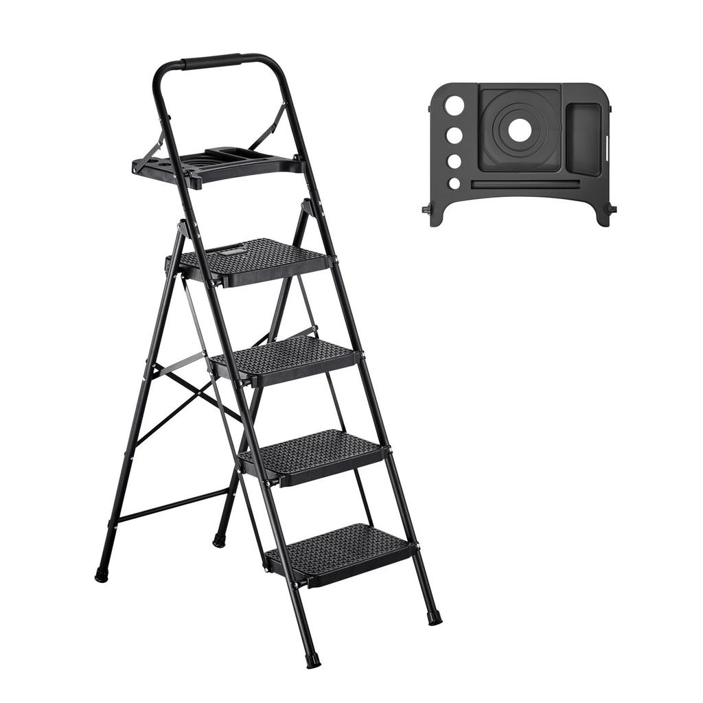 Échelle à 4 marches, Marchepied pliant avec large pédale antidérapante, Plateau à outils, Poignée de confort, Capacité de 272 kg, Échelle portable en acier, Multi-usage pour