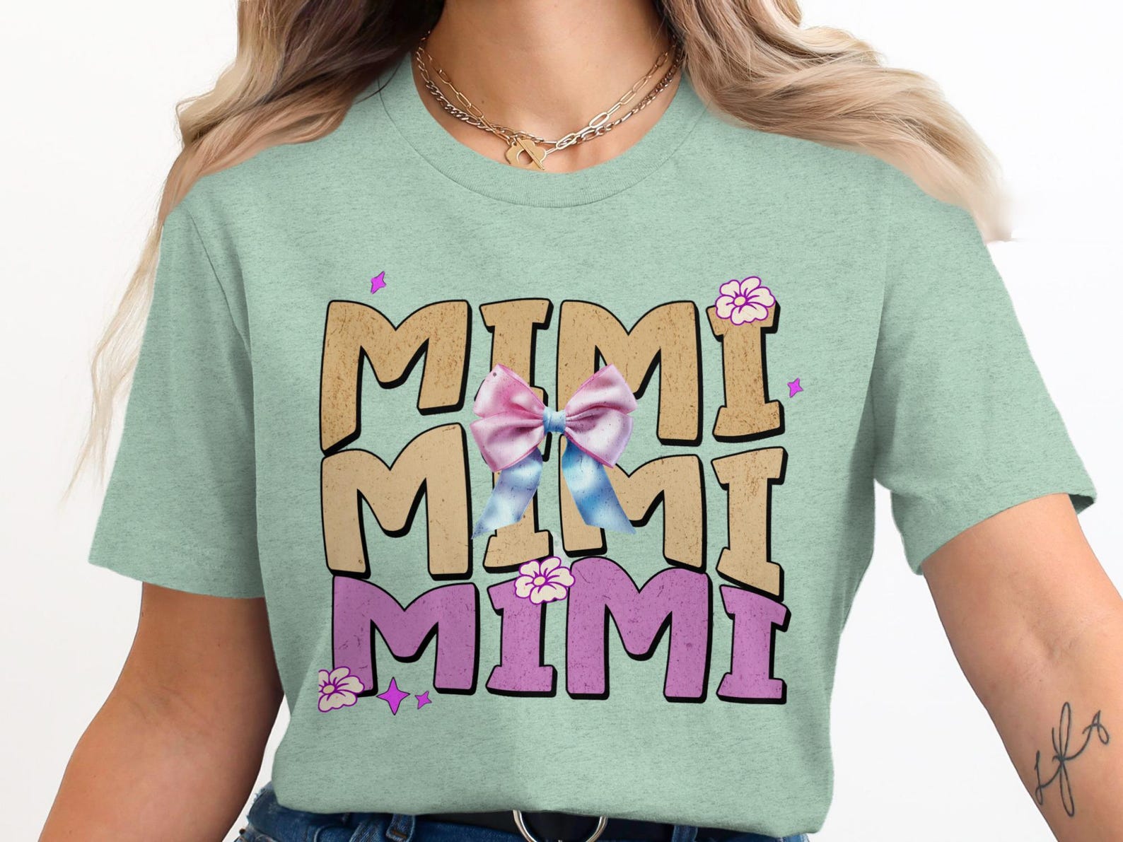 Distressed Floral Mimi T-Shirt| Grandmother Bow Graphic Tee| Bella 3001 4XL