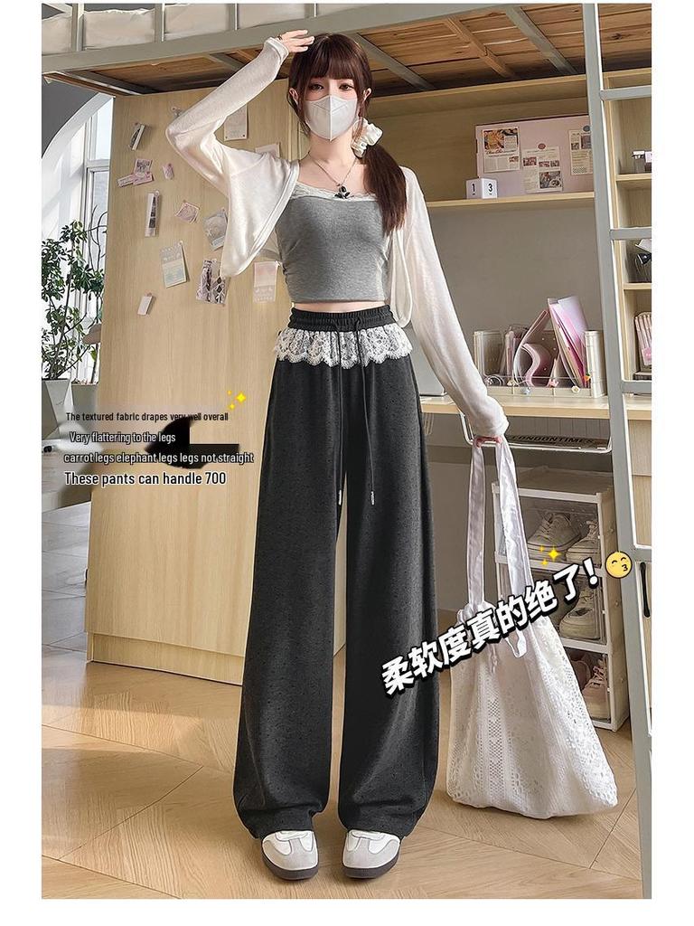 Gray Lace Polka Dot Scimitar Pants: Women's High Waist Drawstring Loose Wide Leg Sports Pants for Spring