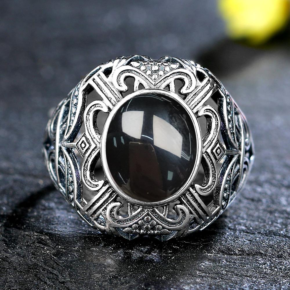 S Silver Ring for Women Oval Round Natural Black Agate Ring Gift Sun Shaped Retro Luxury Fine