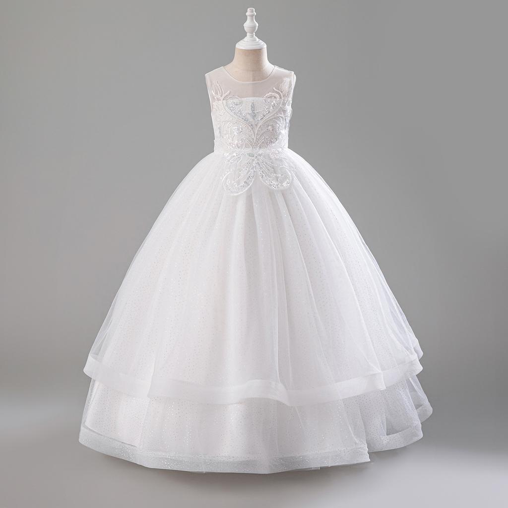 Vestito da Principessa per Bambina Elegante Matrimonio Festa di Compleanno Ballo Abito da Sera Bianco Prima Comunione Formale Abito in Pizzo per Bambine