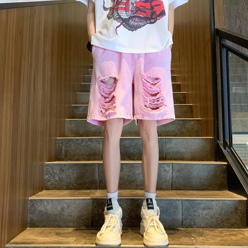New pink ripped denim shorts men's summer casual fashion five-point pants