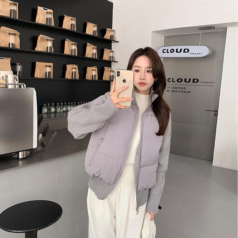 New women's splicing knitted zipper shirt cotton clothes autumn and winter short stand-up neck cotton-padded jacket