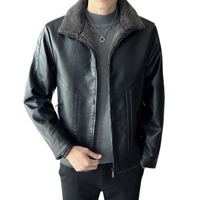 Große Lederjacke für Herren, Freizeitjacke mit Fleece für Wärme, Herren-Baumwolljacke, Anzug mit Pelzkragen, hübsches Oberteil