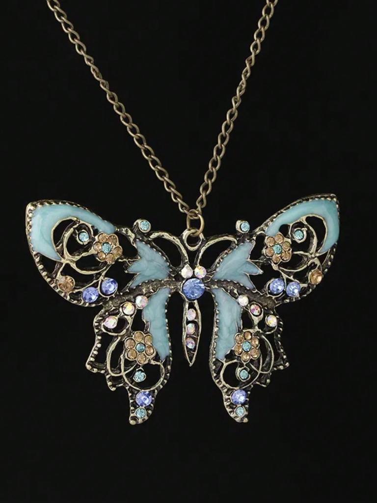 1 Pc Vintage Hollow Butterfly Drip Oil Sweater Chain Necklace