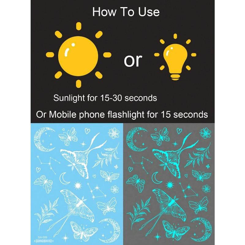 1 Sheets Luminous Glow In The Dark Body Art Temporary Tattoo Stickers, Moon Butterfly Botanical Pattern, Waterproof Fake Tattoo Sticker