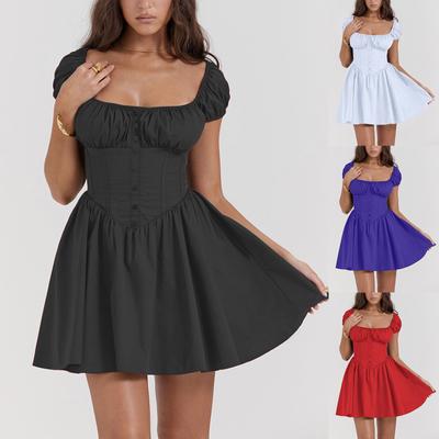 Abito Estivo alla Moda con Scollo Quadrato da Vacanza Blu Navy Mini Abito A Line Casual Abiti da Festa per Vacanze Manica Corta Elegante Abbigliamento da Donna