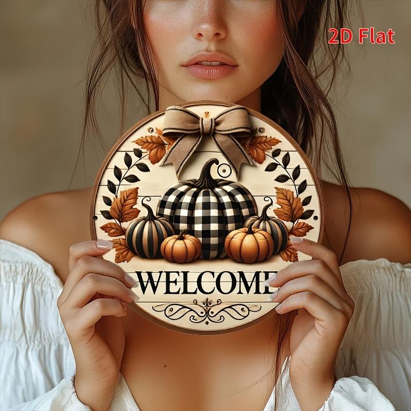Floral Wreath Welcome Sign. 8" round aluminum plaque for garden, porch & farmhouse decor.