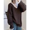 New Korean Fashion Lace Patchwork Pullover Loose Sweater Women Knitted Casual Versatile Tops Autumn and Winter V Neck Long Sleeve Solid Color Clothes