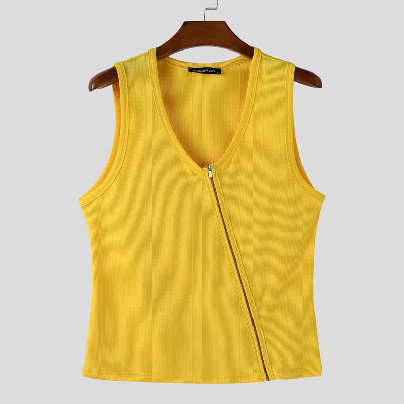 INCERUN Men V Neck Sleeveless Zip-up Casual Fitted Rib Tank Tops