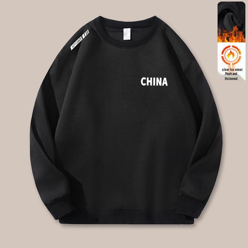 Men's Trendy Round Neck Print Hoodie - Loose Fit with Plus Velvet, Long Sleeve Pullover for Autumn/Winter. Fashionable and Versatile Base Layer.