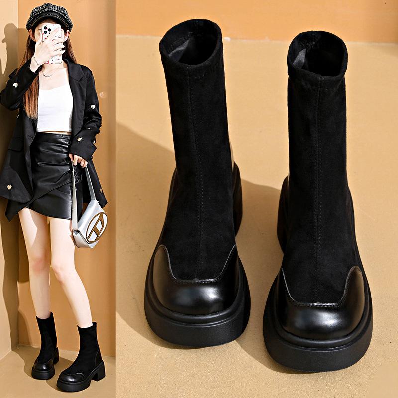 Martin boots women's 2025 autumn and winter new thin and heightened platform short boots thick heel elastic thin boots velvet women's shoes