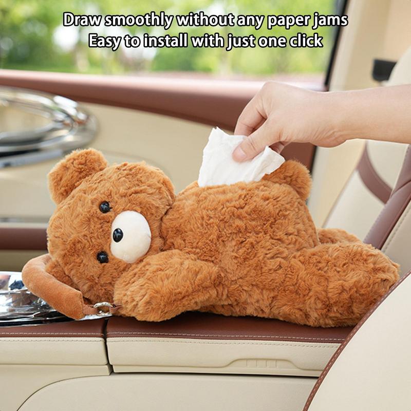Cartoon Car Tissue Box Cute Plush Bear Napkin Paper Holder Portable Auto Armrest Box Tissue Paper Storage Case Car Decoration