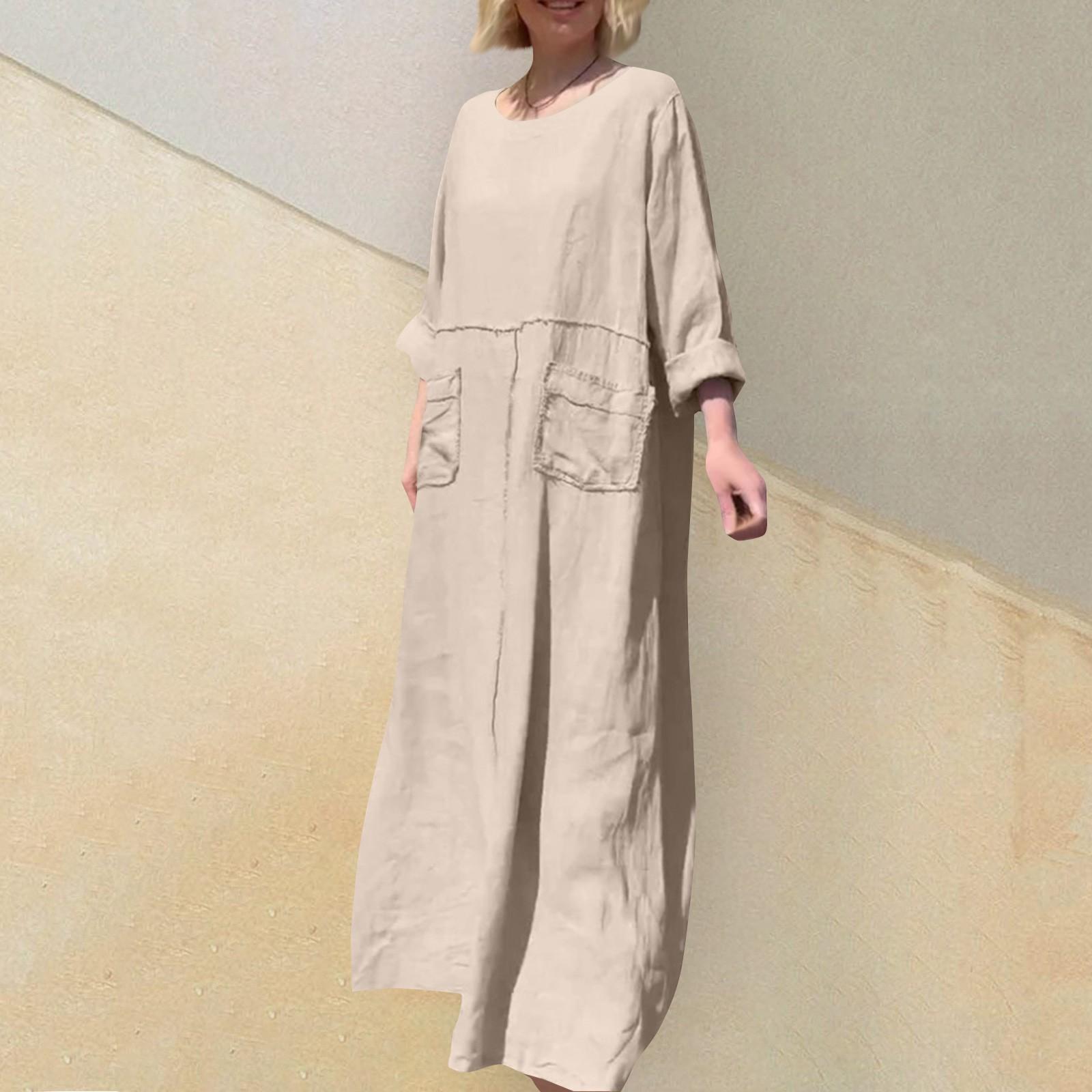 

Женское однотонное повседневное плиссированное двустороннее карманное платье из хлопка и льна с круглым вырезом и длинными рукавами XXXL бежевый