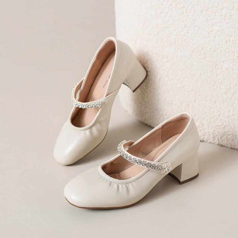 Fashion Rhinestone Strap Anti-Slip Wear-Resistant Block Heel Single Shoes Women's Fashion Round Toe Shallow Heels