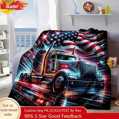 Cozy All-Season Flannel Blanket with Vibrant American Truck & Flag Design - Soft, Warm, Reversible Throw for Bed, Sofa, Camping,