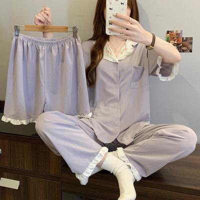 Pijama premium cu senzație de lux simplu, din jacard imitație de bumbac, proaspătă și delicată, de vară pentru femei, set din trei piese cu mâneci scurte, îmbrăcăminte de casă