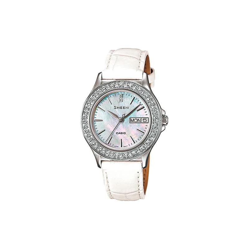 

Casio SHEEN waterproof 50 meters quartz movement leather strap Japanese and Korean watch women s watch mother-of-pearl dial SHE-4800L-7A чёрный