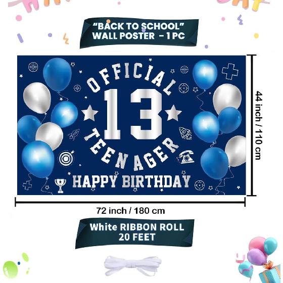 Happy 13th Birthday Decorations Large Official Teenager Backdrop Banner for Boys Girls Navy Blue White 13 Year Old Birthday Party Photo Props Decor