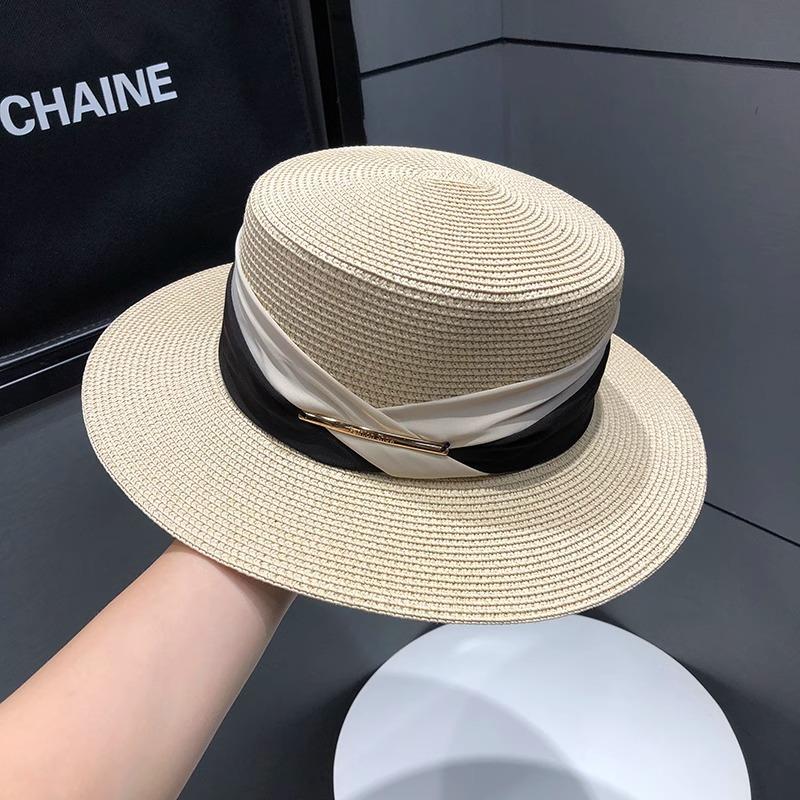 Flat Top Hat Women's Summer Celebrity Style Sun Hat Seaside Beach Cool Hat Sunshade Sun Protection Straw Hat