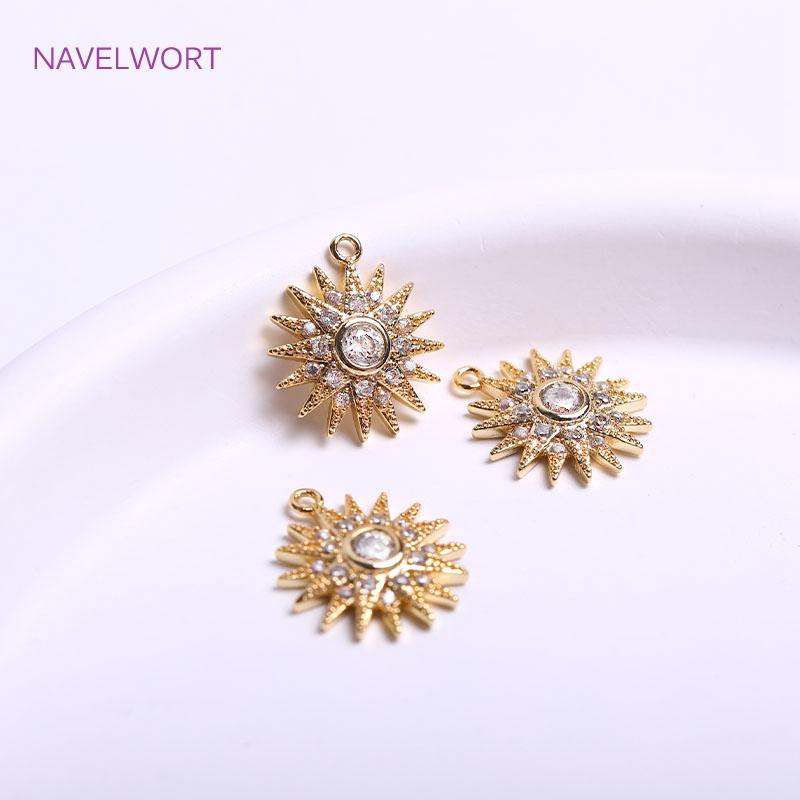 14K Gold Plating Sun Flower/Cross Pendants Brass Metal Inlaid Zircon Flower Charms DIY Jewelry Making Accessories Wholesale