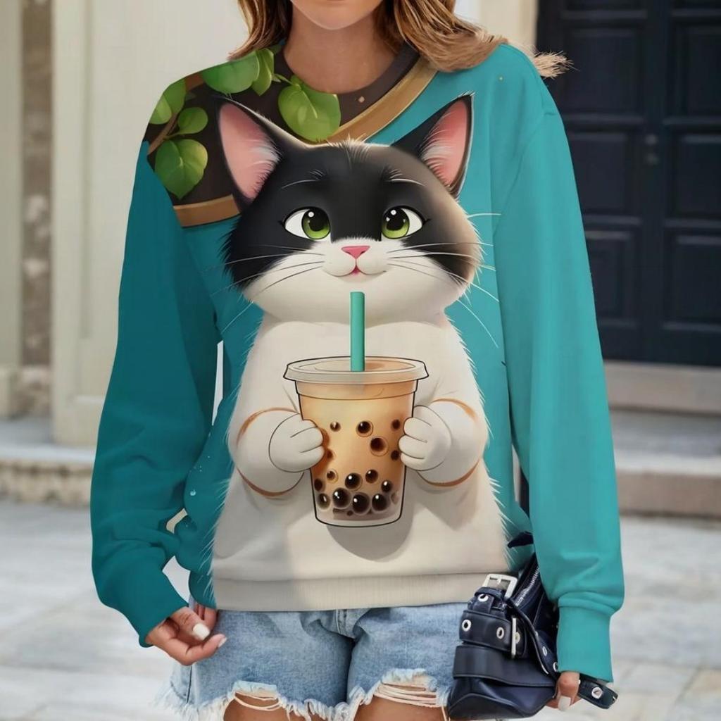 Loose Women's Long Sleeve T Shirt Autumn T-shirt Tops Cartoon Animal Printing Cat Pattern Fashion OverSize Women's Clothing