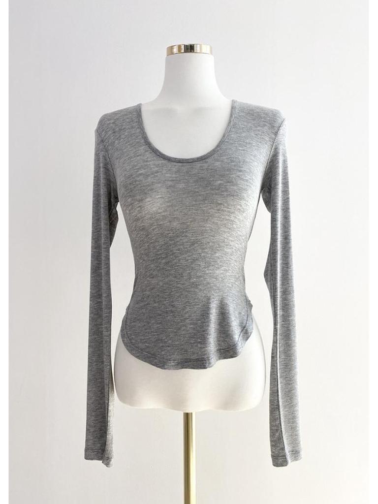 Korean Spring/Summer Slim Fit Sexy U-Neck Sheer Long Sleeve Curved Hem T-Shirt for Women