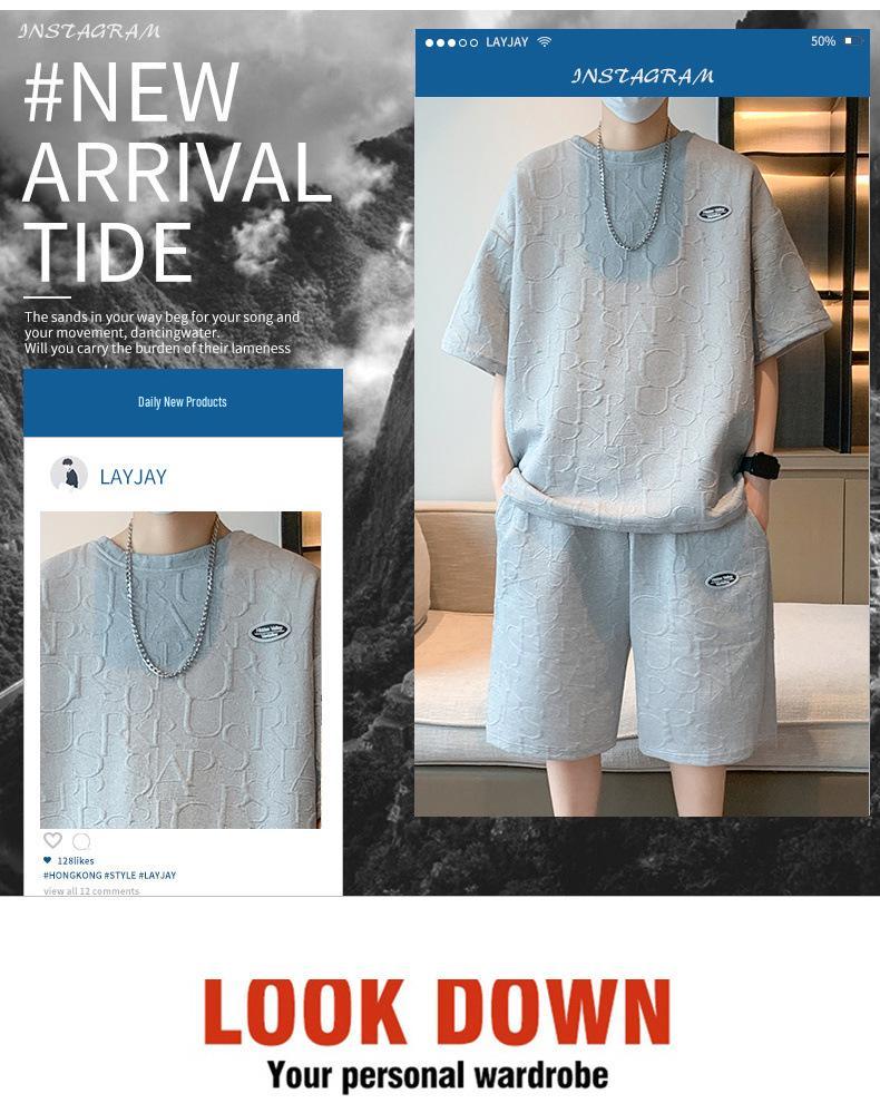 Men's Casual Summer Jacquard Suit: Versatile Short Sleeve and Shorts Set with Loose Fit Design