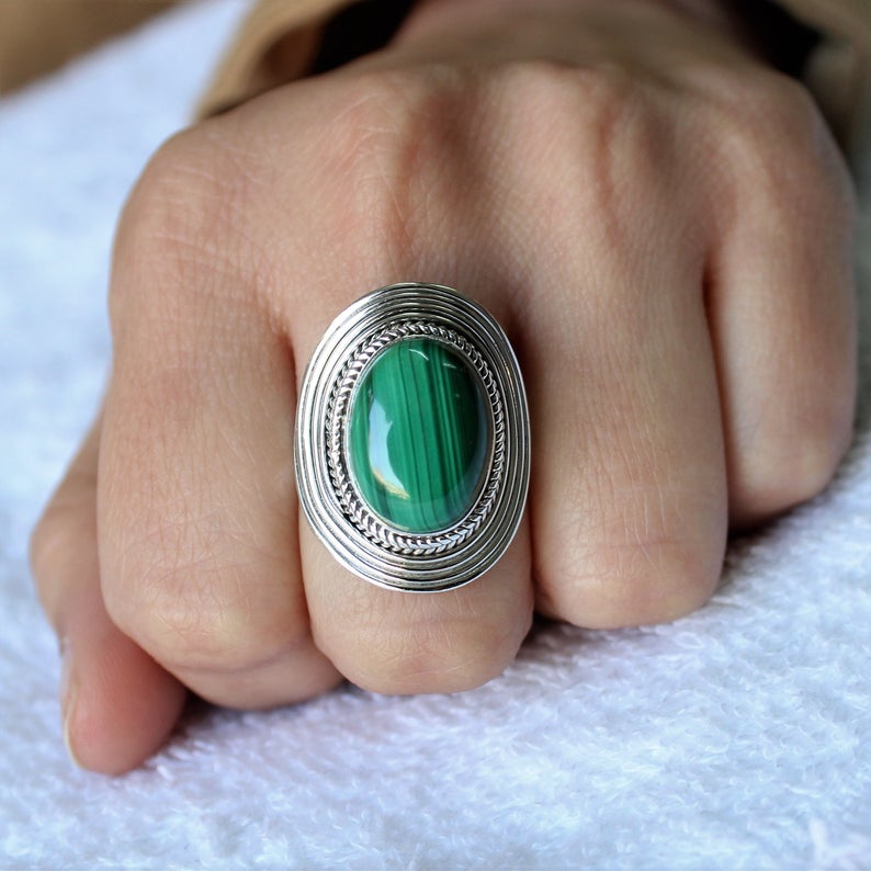 Natural Malachite Ring, Solid 925 Sterling Silver Ring, Handmade Jewelry, Anniversary Gift, Green Gemstone Ring, Gift For Her,
